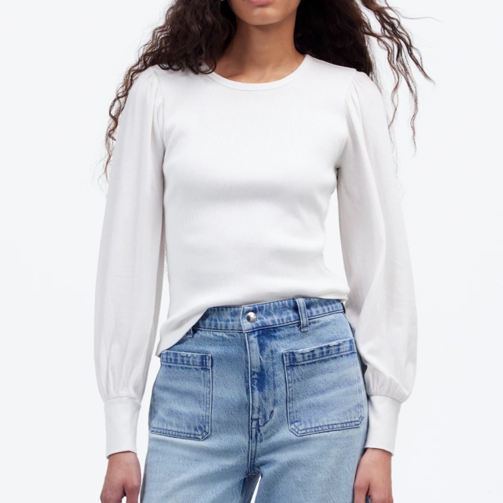 NWT Madewell Ribbed Puff-Sleeve Top in White